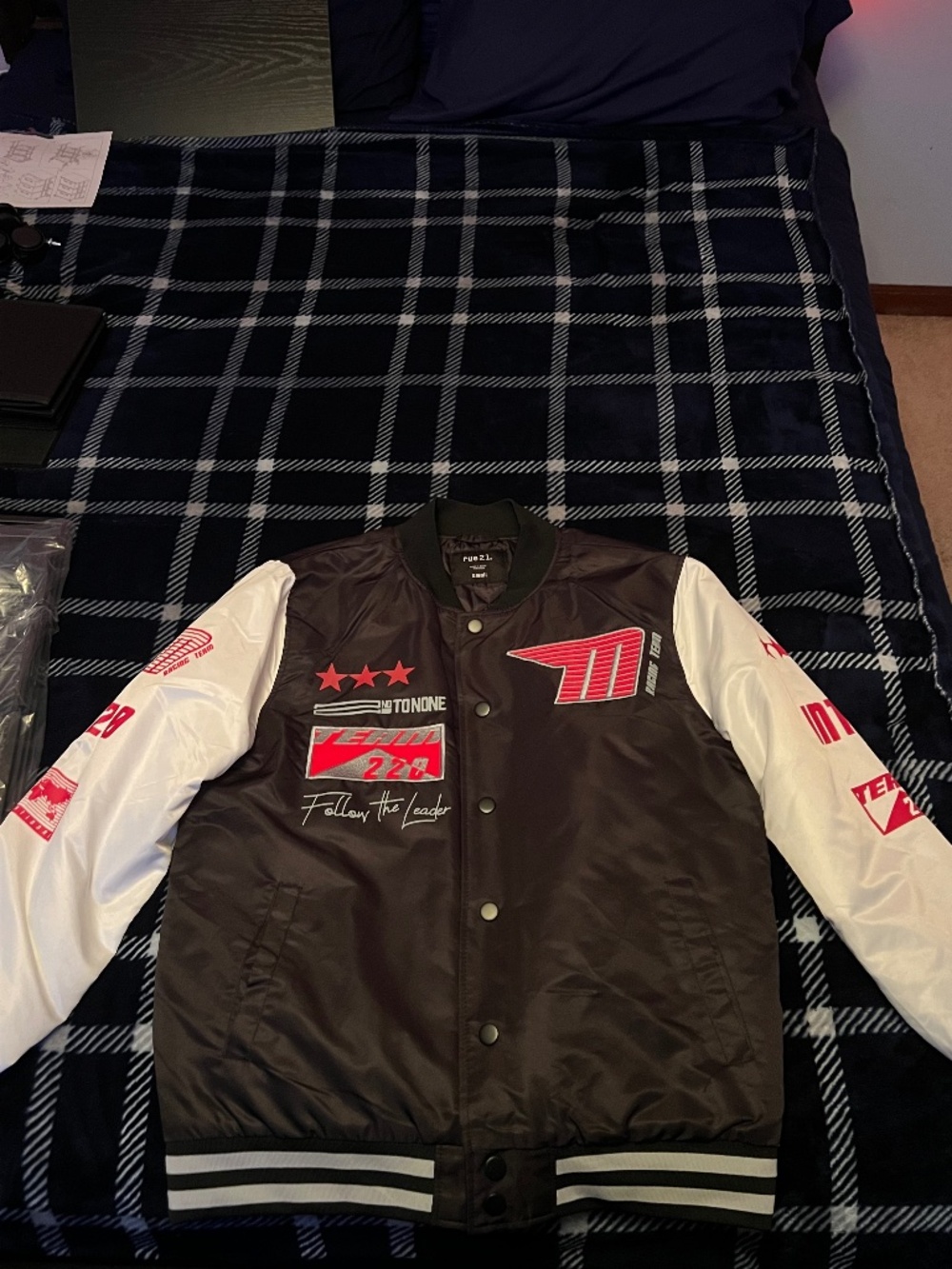 Mens Black & White Most Wanted Bomber Varsity jacket with red accents